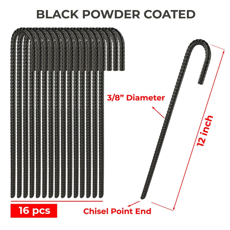 NHZ 12â€ Ground Rebar Stakes (16pcs) Heavy Duty J Hook Ground Anchors, Curved Steel Plant Support Garden Stake with Chisel Point end, Hammer for Camping Tent - Black Powder Coated - Image 2